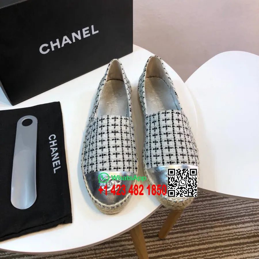 Chanel Tweed Ja Lakk Lambanahast Varba Espadrillid Kevad/suvi 2017 Kollektsioon Act 2 Must/valge/hõbe