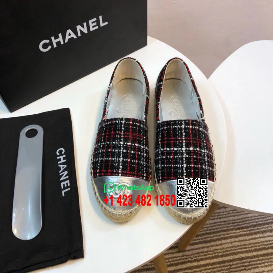 Chanel Tweed Ja Lakk Lambanahast Varba Espadrillid Kevad/suvi 2017 Kollektsioon Act 2 Must/valge/punane/hõbe