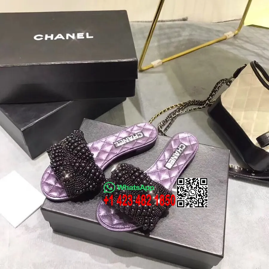 Chanel Pearls & Fabric Mule Slide Sandale Teleća Koža Proljeće/ljeto Act 2 2018 Kolekcija Crna/crna