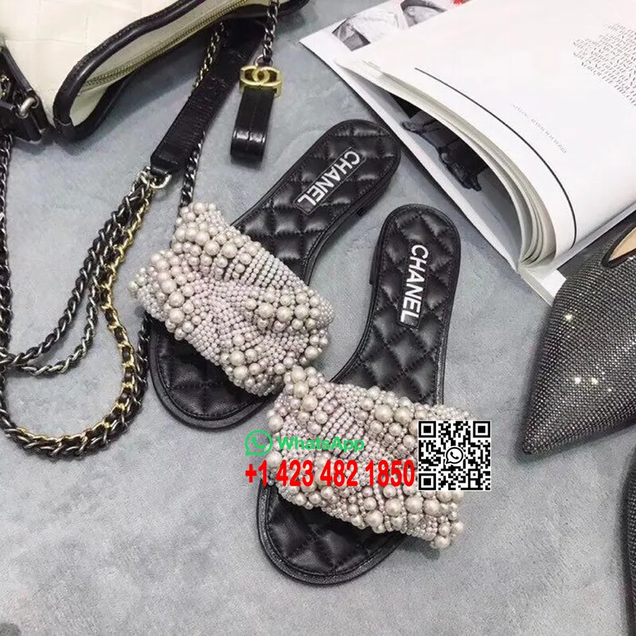 Chanel Pearls & Fabric Mule Slide Sandale Teleća Koža Proljeće/ljeto Act 2 Kolekcija 2018 Siva/crna