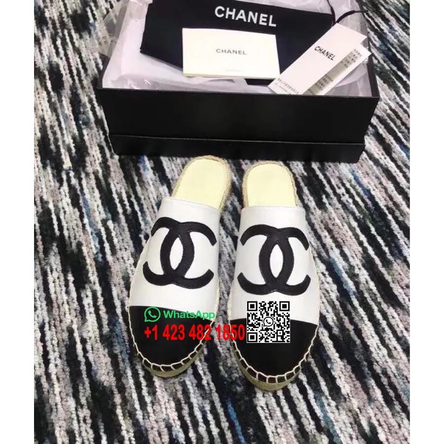 Chanel Espadrille Slides Mūļi Teļa āda Pavasara/vasaras Akts 2 2018 Kolekcija Balts/melns