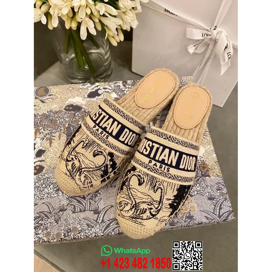 Christian Dior Tiger Toile De Jouy Espadrille Mules Dana Derisi İlkbahar/Yaz 2020 Koleksiyonu, Lacivert/Bej