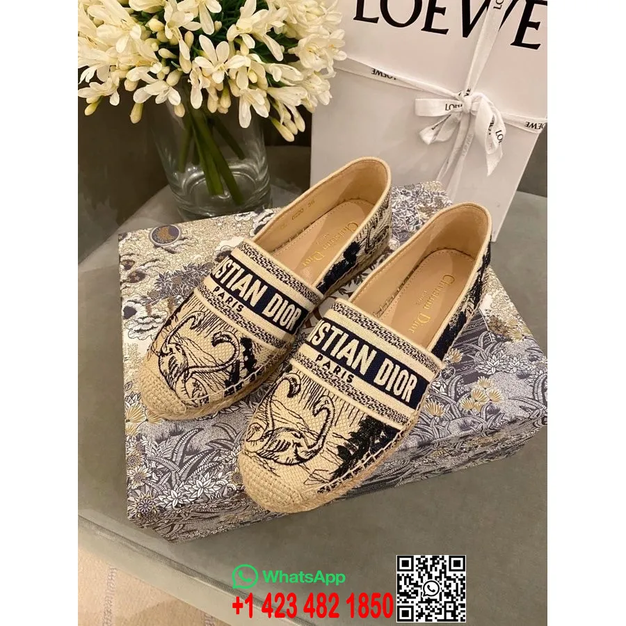 Christian Dior Tiger Toile De Jouy Espadryle Skóra Cielęca Kolekcja Wiosna/lato 2020, Granat/beż