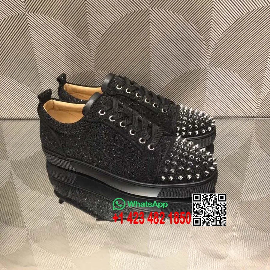 Christian Louboutin Lou Spike Tênis Masculino De Cano Baixo Glitter/couro De Bezerro Coleção Outono/inverno 2021, Preto