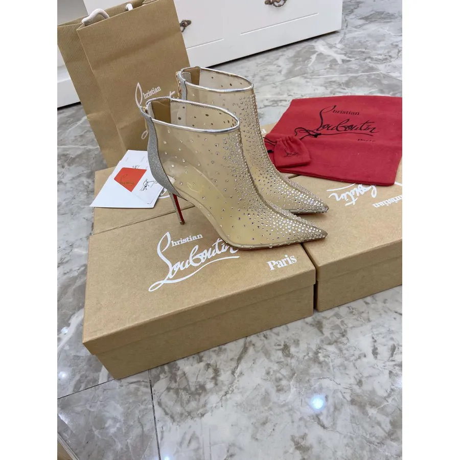 Christian Louboutin Constella Crystal Mesh Ankle Boots Kulit Anak Sapi Koleksi Musim Gugur/Dingin 2019, Krem