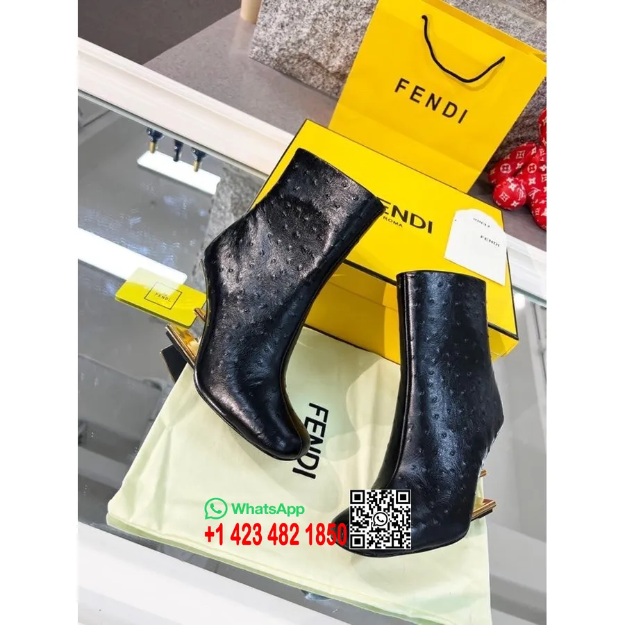 Fendi First Ankle Boots 8cm Kulit Burung Unta/kulit Anak Sapi Koleksi Musim Gugur/dingin 2021, Hitam