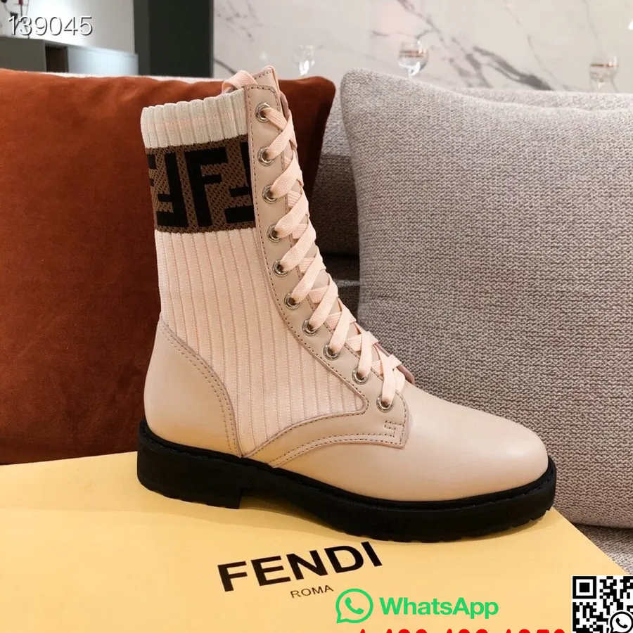 Fendi FF Logo Rockoko Chelsea Sock Combat Lace Up Ankle Boots Jacquard Stretch-Knit And Leather Calfskin Leather Fall/Winter 201