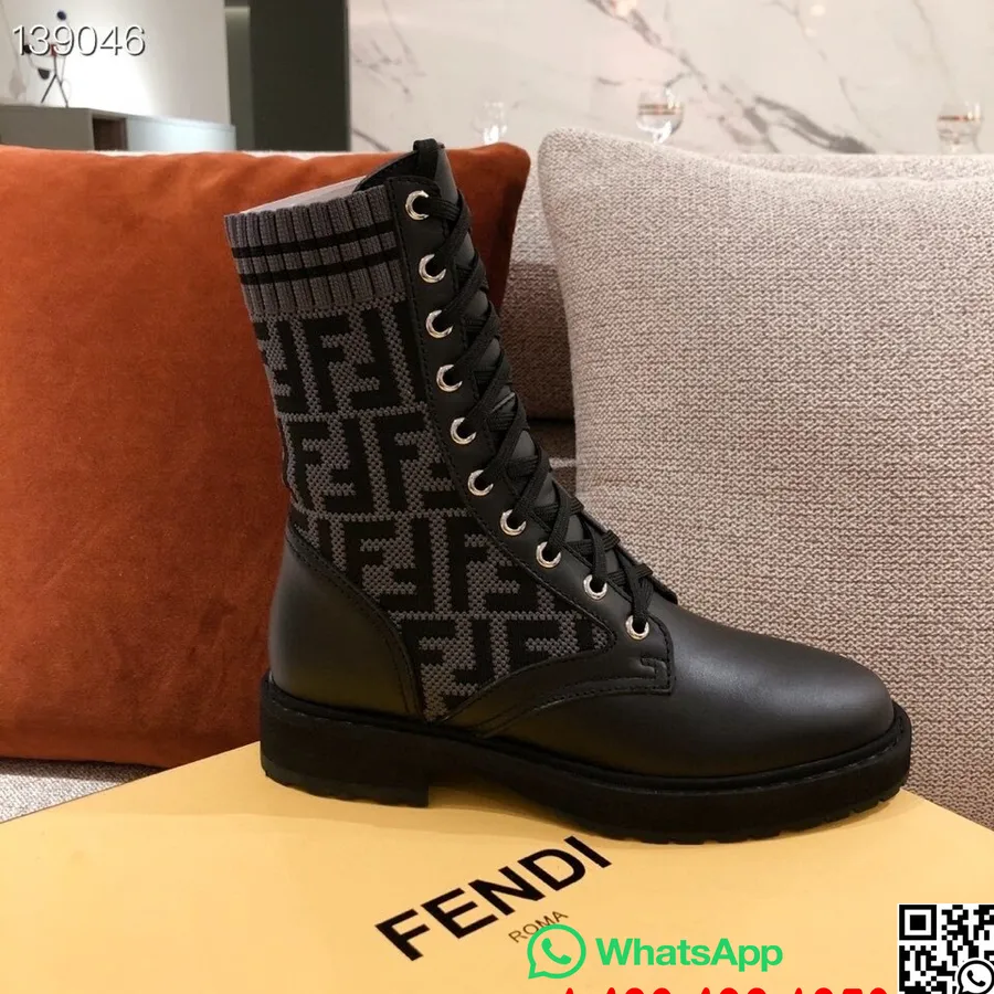 Fendi FF Logo Rockoko Chelsea Sock Combat Lace Up Ankle Boots Jacquard Stretch-Knit And Leather Calfskin Leather Fall/Winter 201