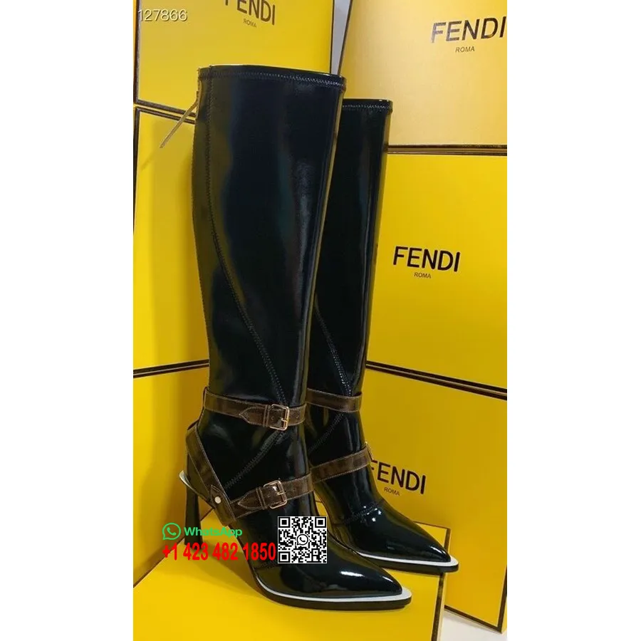 Fendi Neoprēna Zirglietas Ceļgaliem Augsti Zābaki 8cm Teļa ādas Rudens/ziemas 2020 Kolekcija, Melni