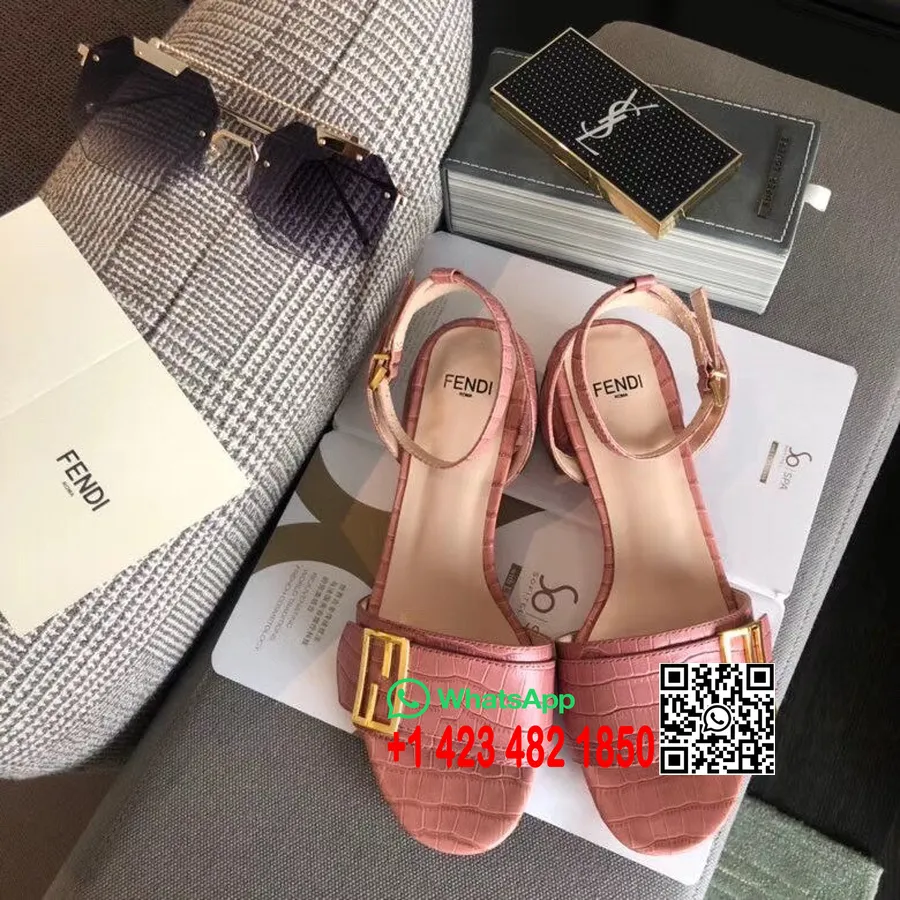 Fendi FF Block Heel Flat Sandals Croc Embossed Calfskin Leather Spring/Summer 2020 Collection, Pink