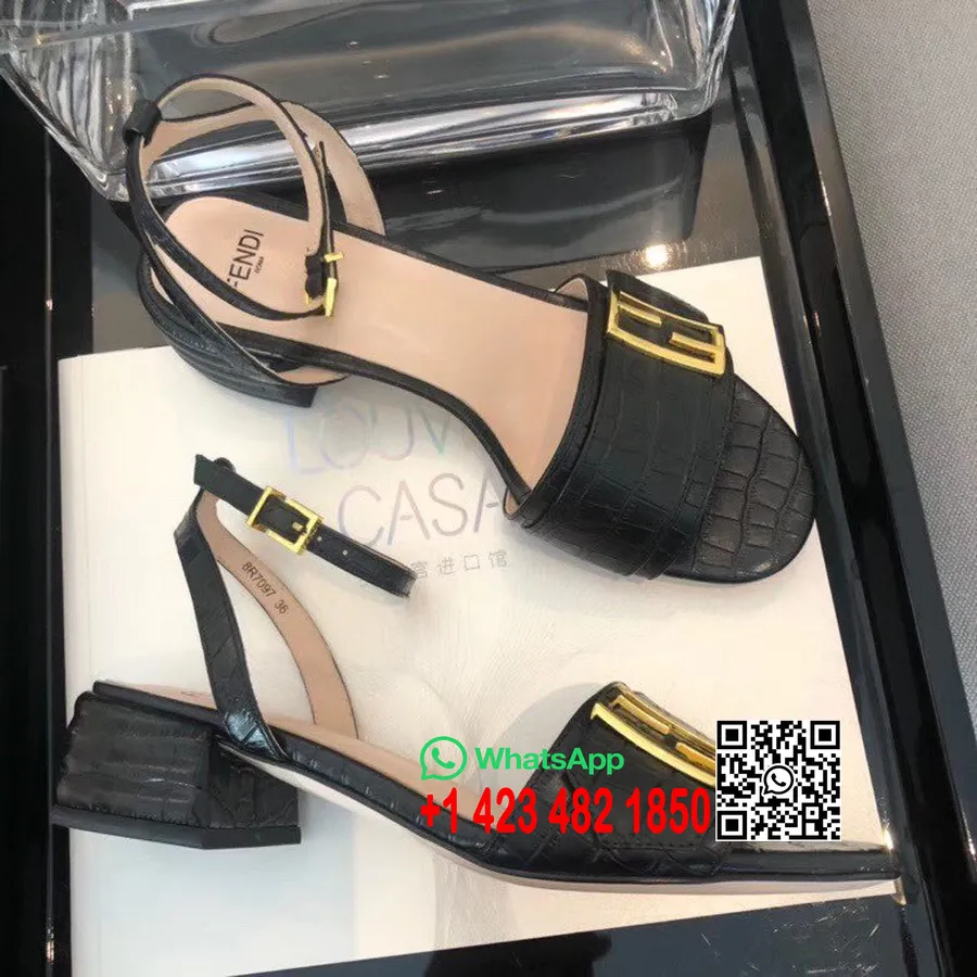 Fendi FF Block Heel Flat Sandals Croc Embossed Calfskin Leather Spring/Summer 2020 Collection, Black