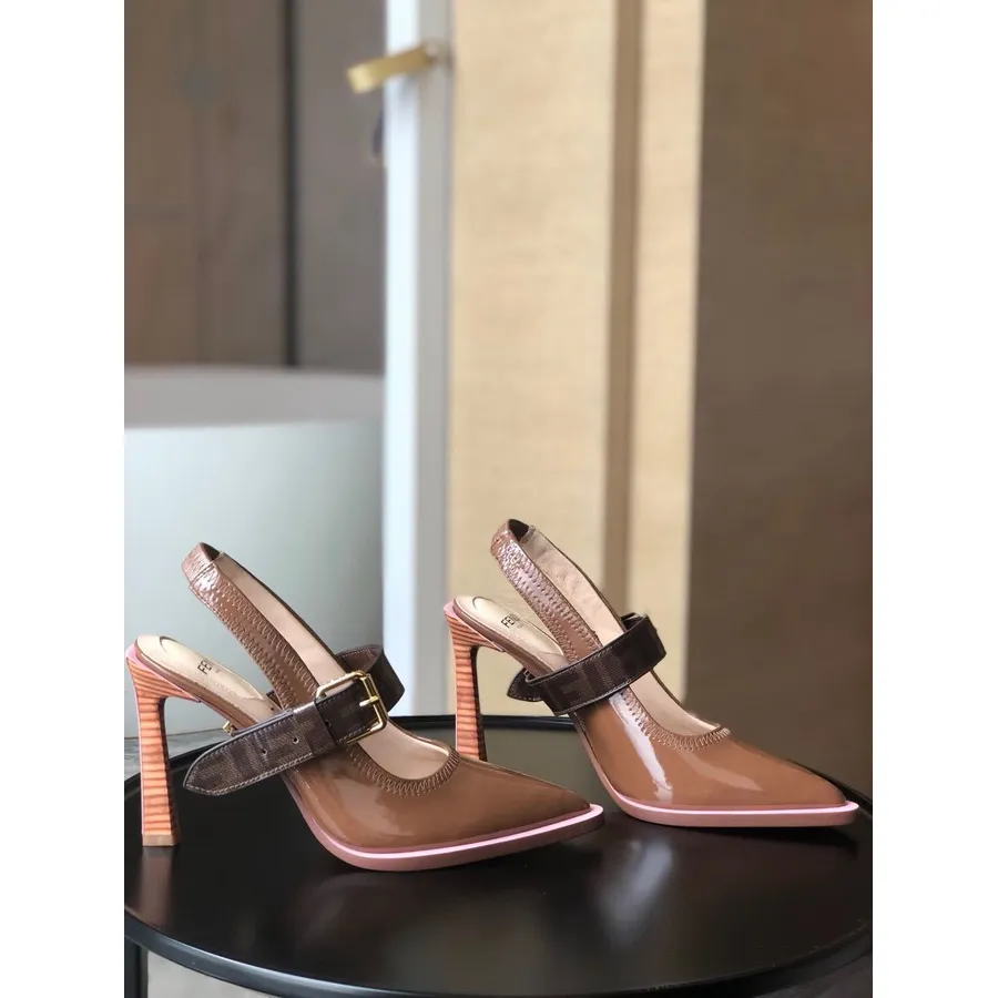 Koleksi Fendi Fframe Slingback Pumps 95mm Musim Semi/musim Panas 2020, Telanjang/merah Muda