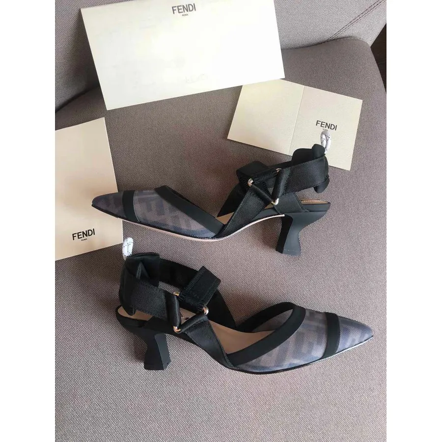 Fendi Colibri Runway Mesh Ff Slingback Pumps Koleksi Musim Semi/musim Panas 2020 55mm, Hitam