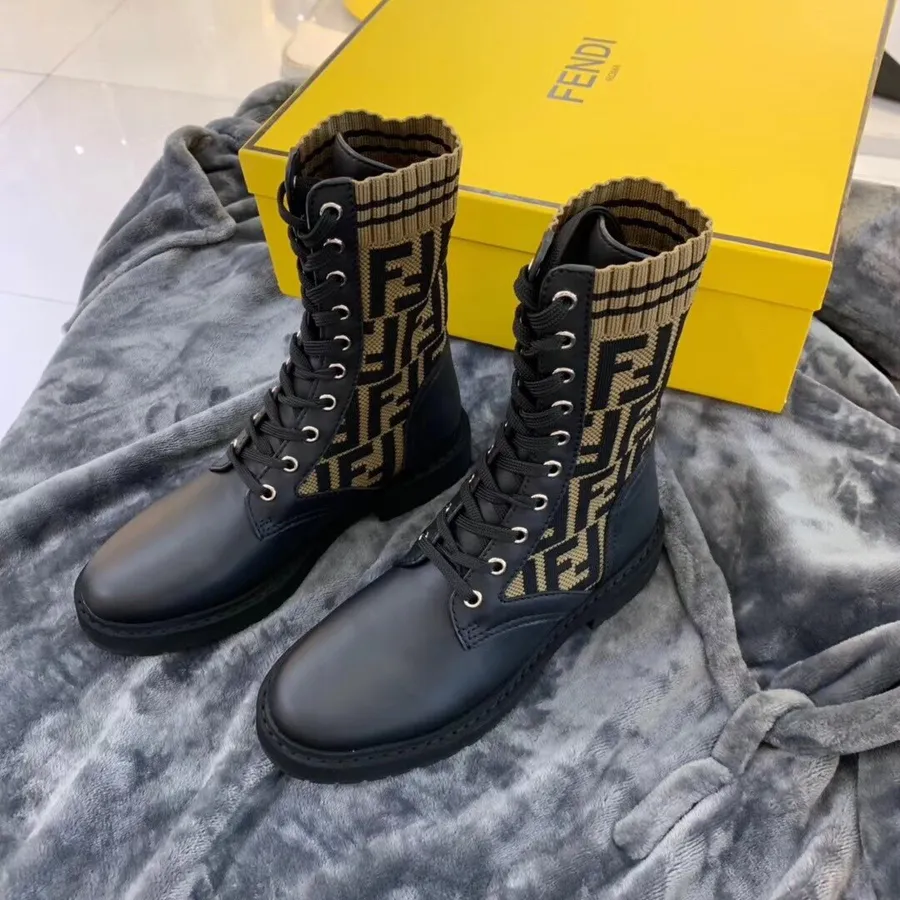 Fendi Ff Logo Rockoko Chelsea Sock Combat Bottines à Lacets Maille Stretch Jacquard Et Cuir Cuir De Veau Automne/hiver 201