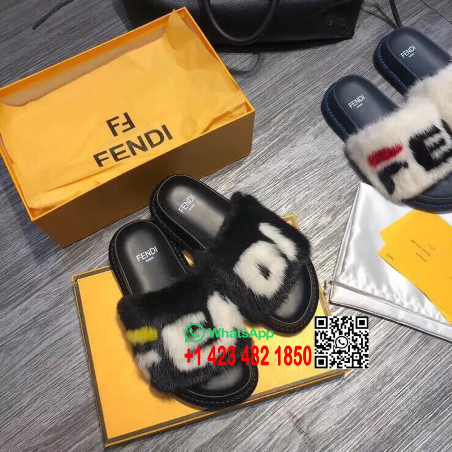 Fendi Logo παντόφλες γούνας βιζόν, δέρμα μοσχαριού συλλογή φθινόπωρο/χειμώνας 2018, μαύρο