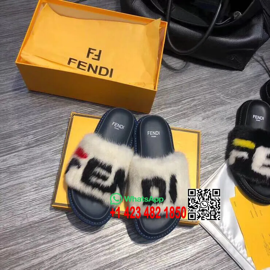 Fendi Logo Mink Pels Hjemmesko Kalveskind Efterår/vinter 2018 Kollektion, Hvid