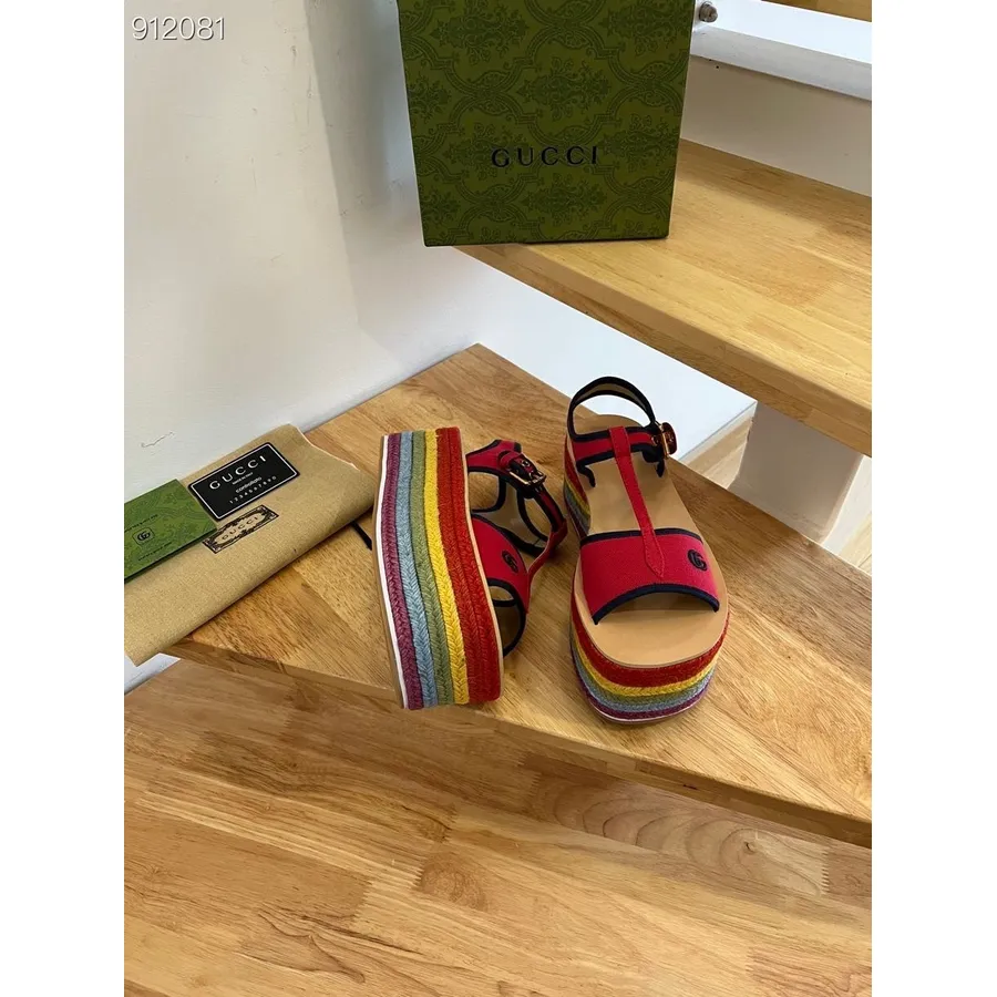 Gucci Platform Straw Sandals 678035 Cotton/Calfskin Leather Spring/Summer 2022 Collection, Red