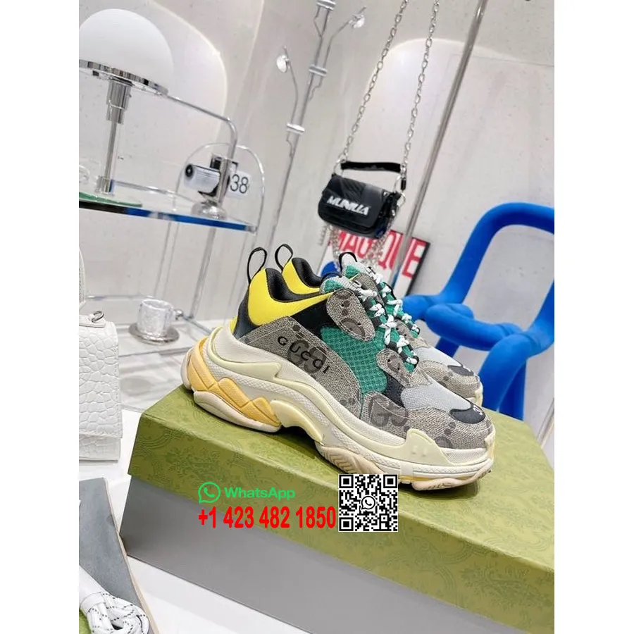 Koleksi Gucci X Balenciaga Triple S Sneaker Kulit Anak Sapi Koleksi Musim Semi/musim Panas 2022, Coklat/hijau