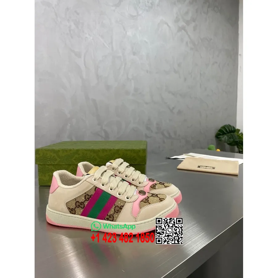 Gucci Screener Sneaker Med Kristaller 677423 Kalvskinn Vår/sommar 2022 Kollektion, Rosa