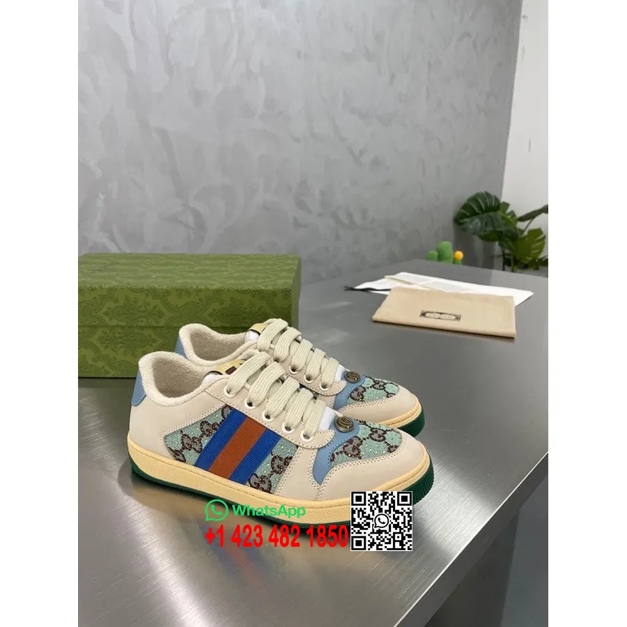 Gucci Screener Sneaker Dengan Kristal 677423 Kulit Anak Sapi Koleksi Musim Semi/musim Panas 2022, Biru