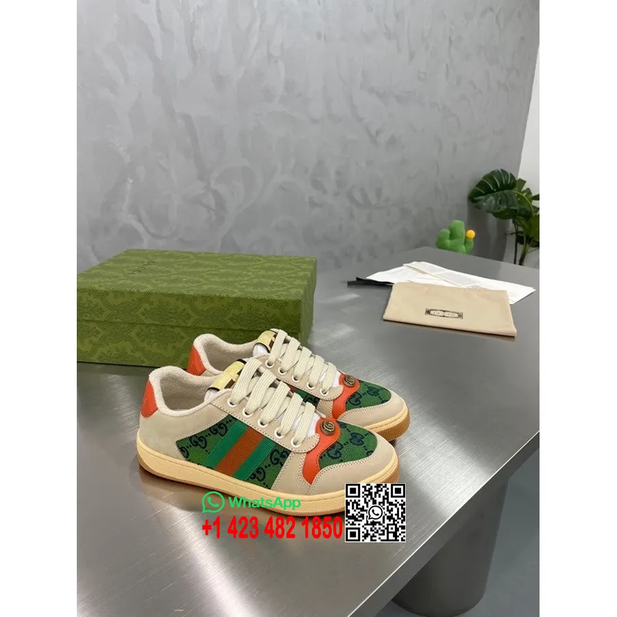 Gucci Screener Sneakers 570442 Calfskin Leather Spring/Summer 2022 Collection, Butter White/Green