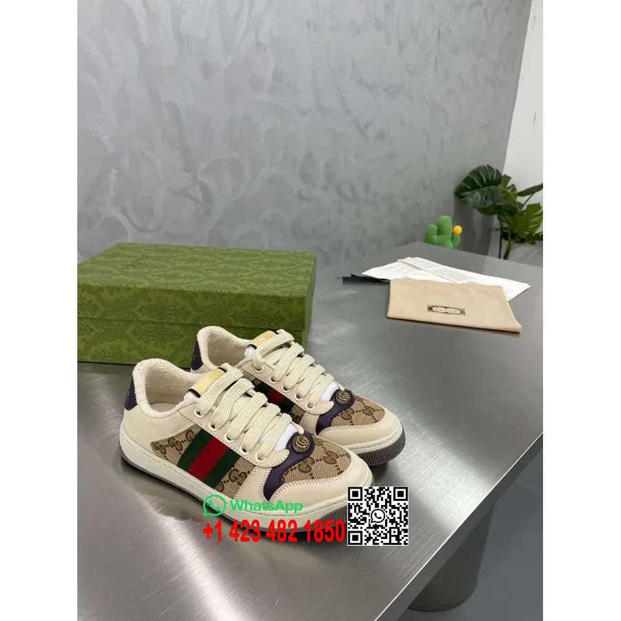 Gucci Screener Sneakers 570442 Kalvskinn Vår/sommar 2022 Kollektion, Beige/ebenholts/brun