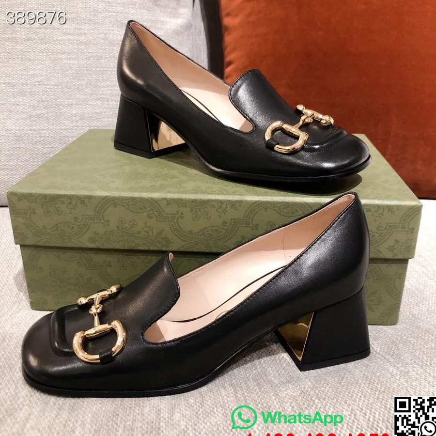 Escarpins Bloc Mi-talon Avec Chaîne à Mors De Cheval Gucci Collection Automne/hiver 2021 En Cuir De Veau, Noir