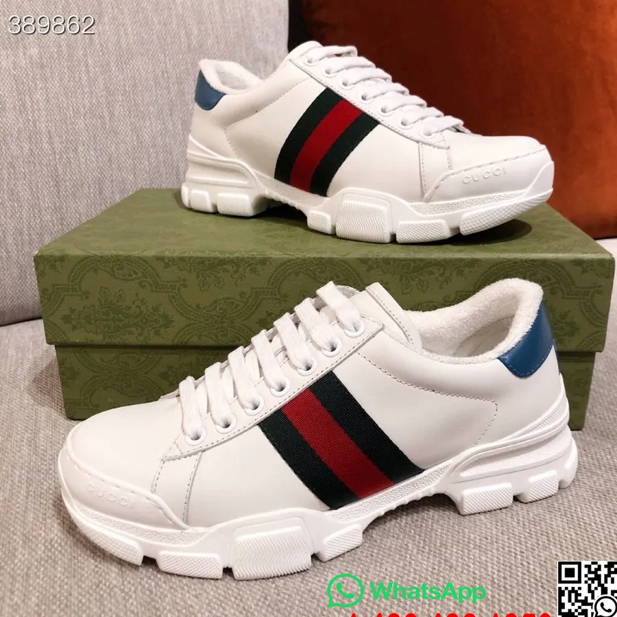 Gucci Trek Web Detail Sneakers Calfskin Leather Fall/Winter 2021 Collection, White/Blue