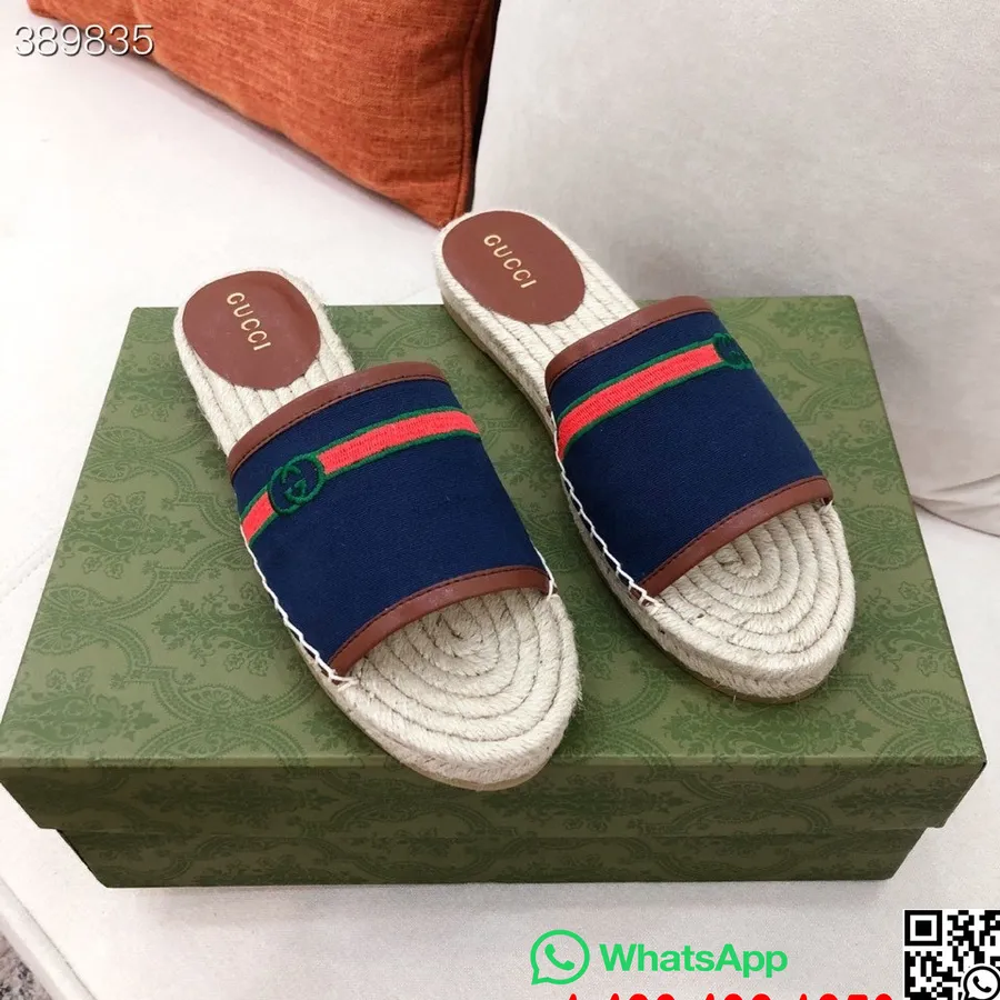 Gucci Espadrille Open Toe Mules Lona/couro De Bezerro Coleção Primavera/verão 2021, Azul Marinho