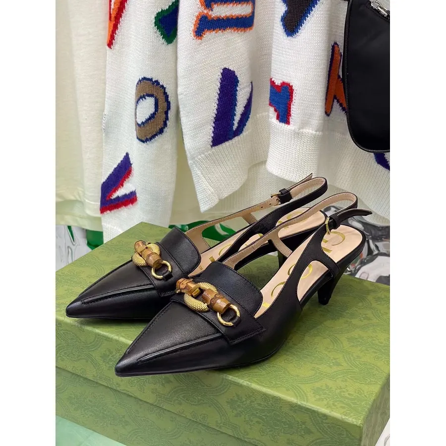 Gucci Bambu Horsebit Slingback Pumps Dari Kulit Anak Sapi Koleksi Musim Gugur/dingin 2021, Hitam