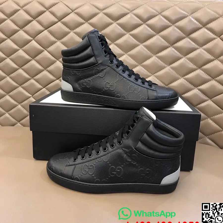 Gucci Ace Gg Embossed Hi-top Mens Sneakers Koleksi Musim Gugur/dingin 2020, Hitam