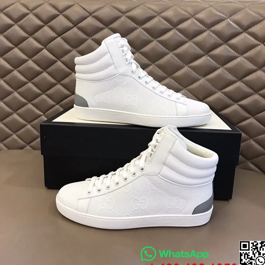 Gucci Ace Gg Embossed Hi-top Mens Sneakers Koleksi Musim Gugur/dingin 2020, Putih/abu-abu