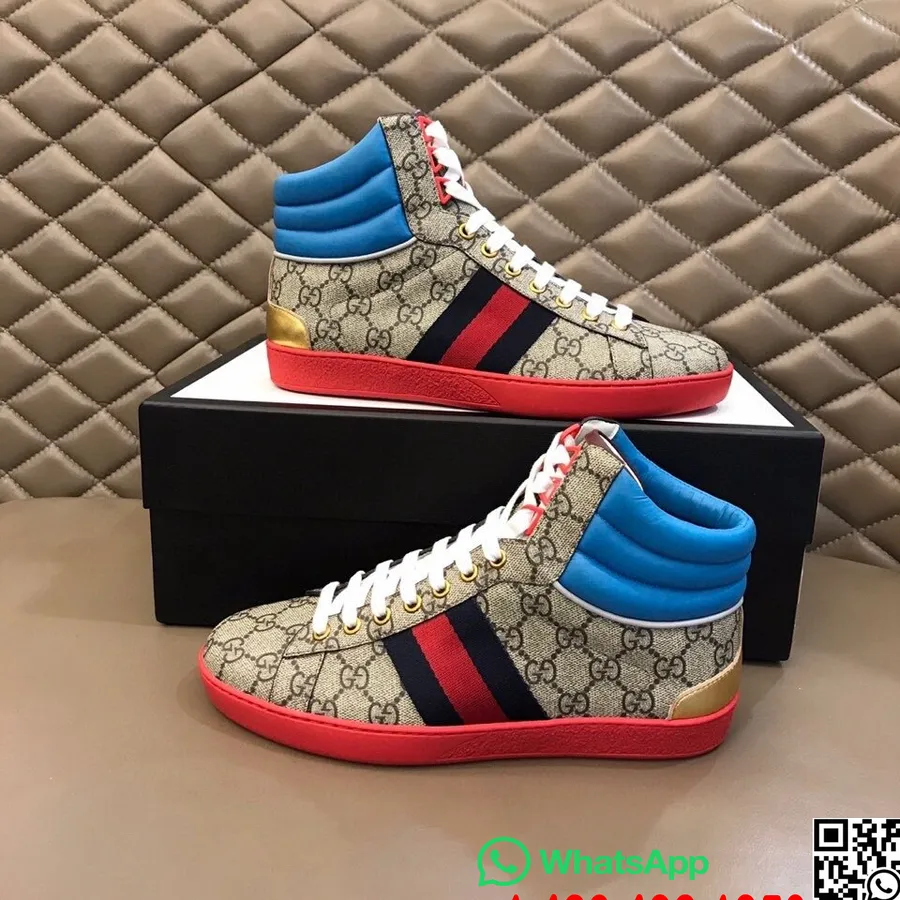 Gucci Ace Gg Supreme Hi-top Sepatu Kets Pria Koleksi Musim Gugur/dingin 2020, Krem/merah