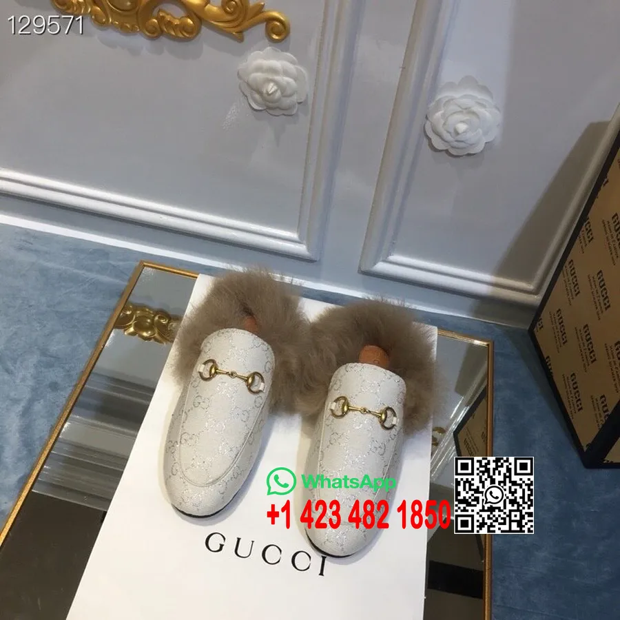 Gucci Princetown Futrzane Klapki Z Lanej/skóry Cielęcej, Kolekcja Jesień/zima 2020, Biały