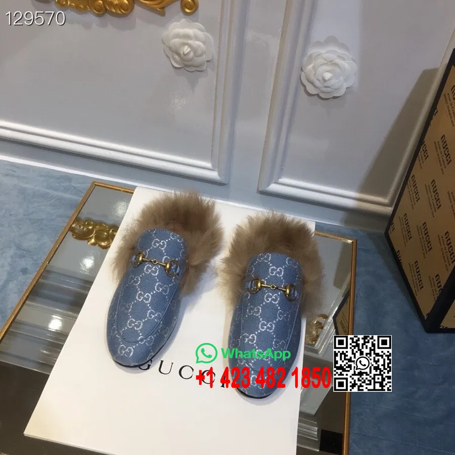 Gucci Princetown Fur Mules Lame/Calfskin Leather Fall/Winter 2020 Collection, Light Blue