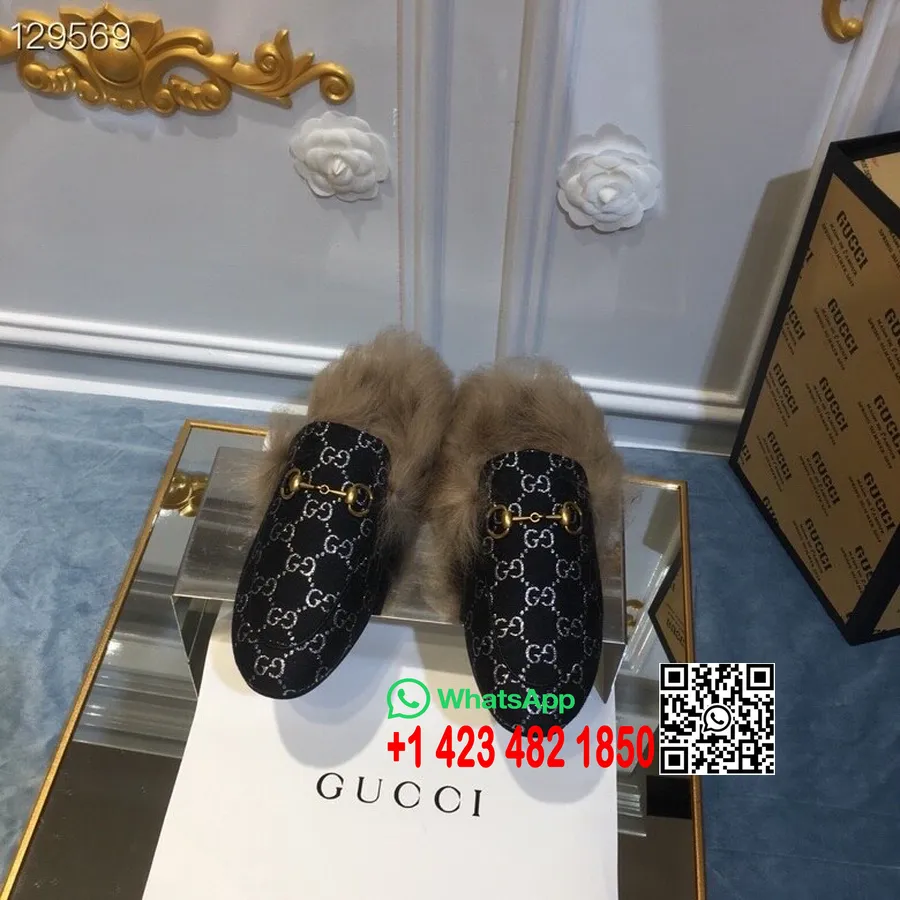 Gucci Princetown Krznene Mule Od Lame/teleće Kože Kolekcija Jesen/zima 2020., Crne