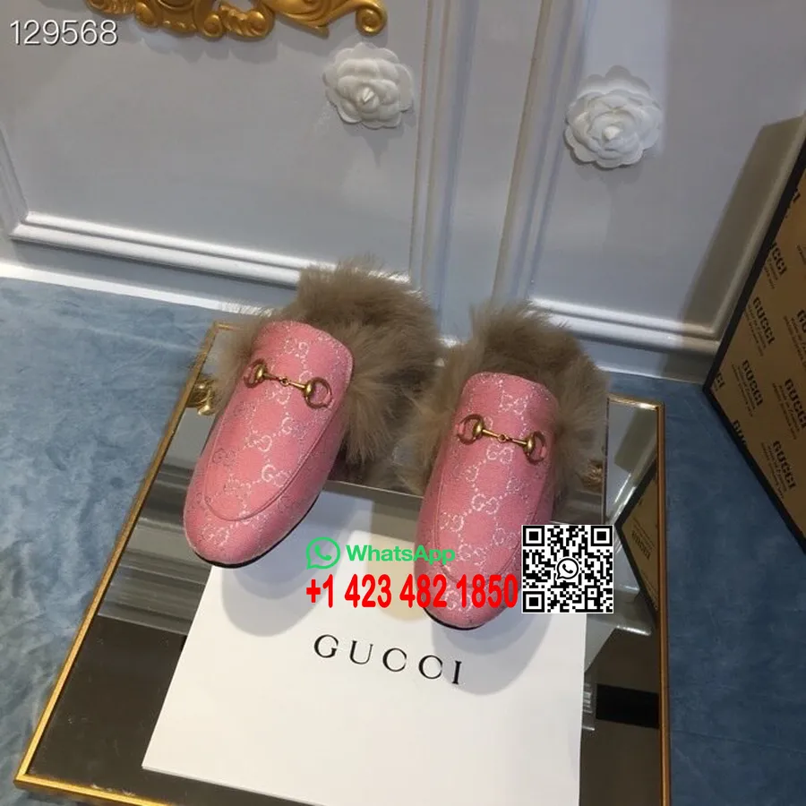 Gucci Princetown Fur Mules Lame/kalvskinn Läder Höst/vinter 2020 Kollektion, Rosa