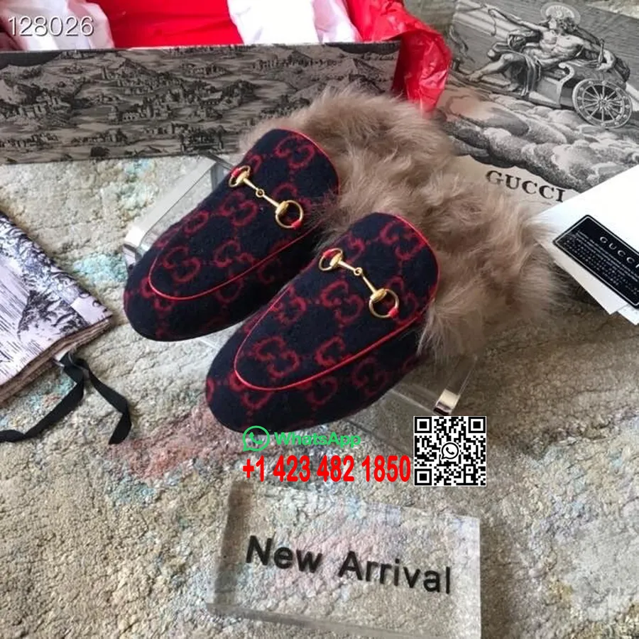 Мюли Gucci Princetown из меха телячьей кожи, коллекция осень/зима 2020, темно-синий/красный