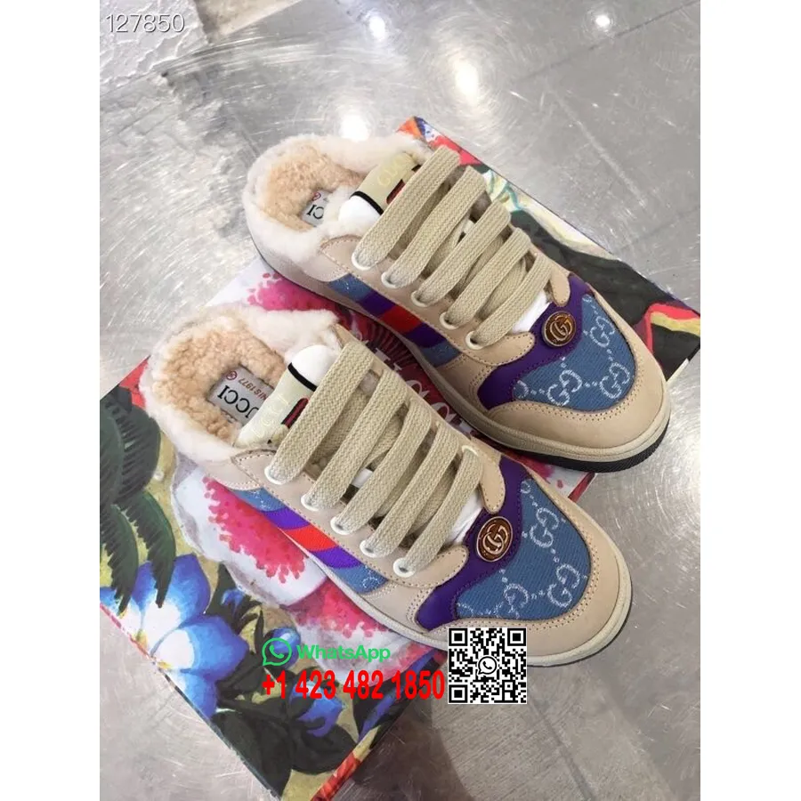 Gucci Screener Slider Auf Pelz-Sneaker Mit GG Canvas 570443 Kalbsleder Herbst/Winter 2020-Kollektion, Blau/weiß