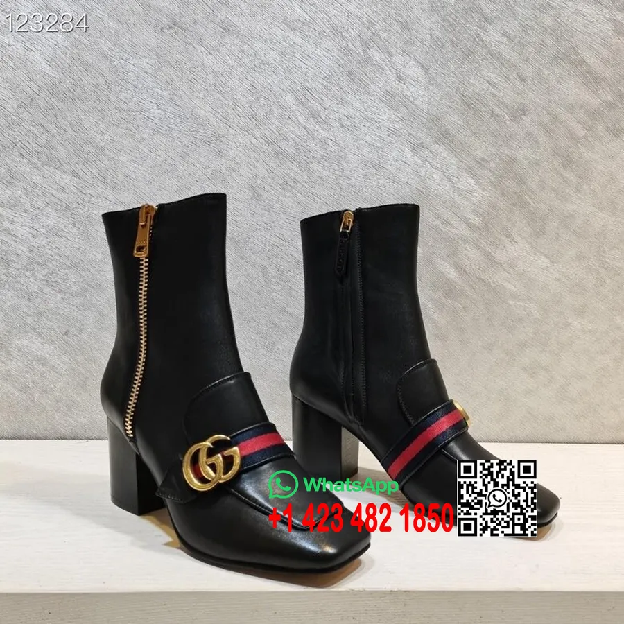 Gucci Marmont Web Ankle Boots Kulit Anak Sapi Koleksi Musim Semi/musim Panas 2020, Hitam