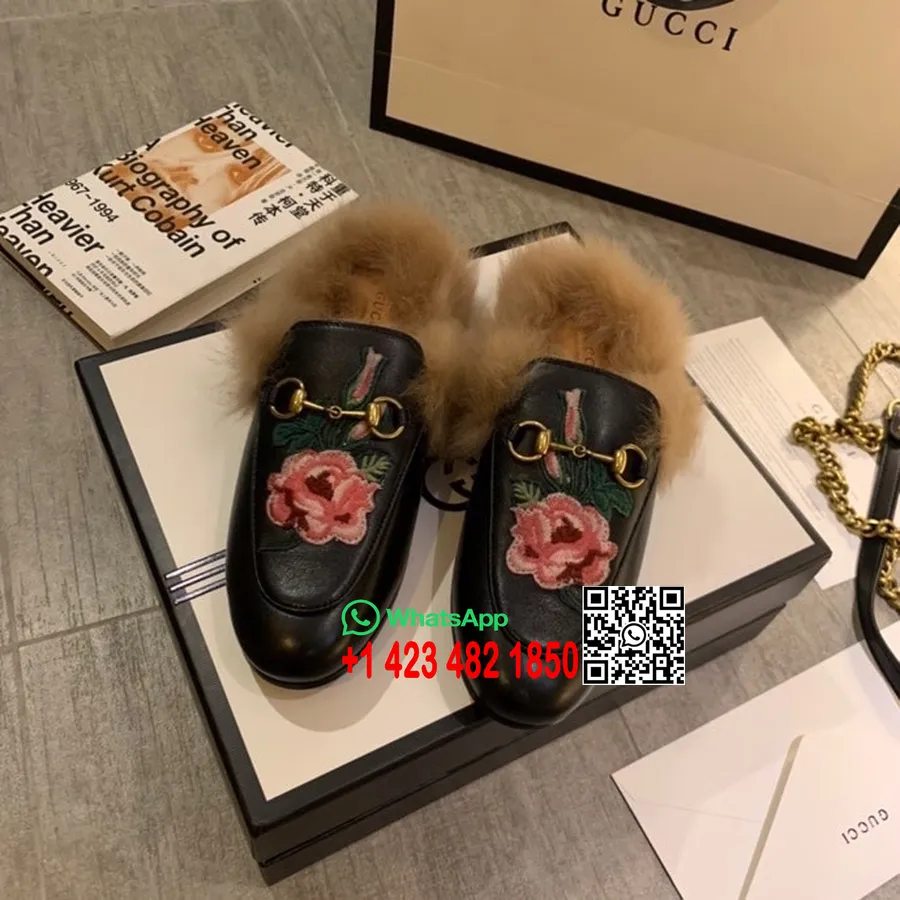 Gucci Cvjetne Princetown Krznene Mule Od Teleće Kože Kolekcija Proljeće/ljeto 2020., Crne