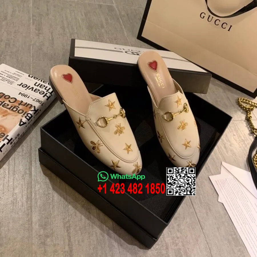 Gucci Bee,star Princetown Mules Teľacia Koža Kolekcia Jar/leto 2020, Biela