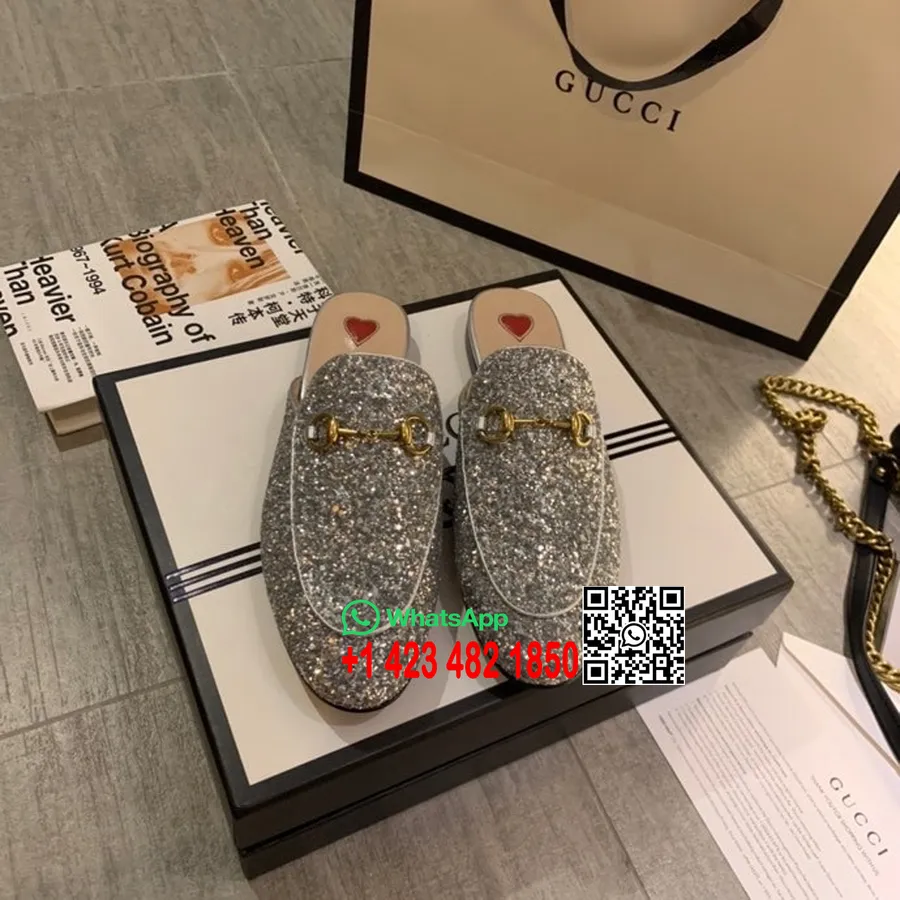 Gucci Glitter Princetown Mules Kalbsleder Frühjahr/Sommer 2020 Kollektion, Silber