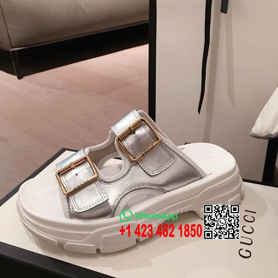 Gucci Aguru öppen 2-spänne Sandaler Kalvskinn Vår/sommar 2020 Kollektion, Silver