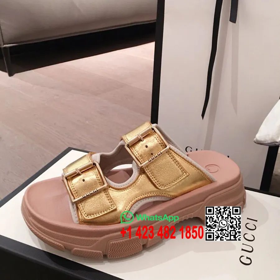 Gucci Aguru öppen 2-spänne Sandaler Kalvskinn Vår/sommar 2020 Kollektion, Guld