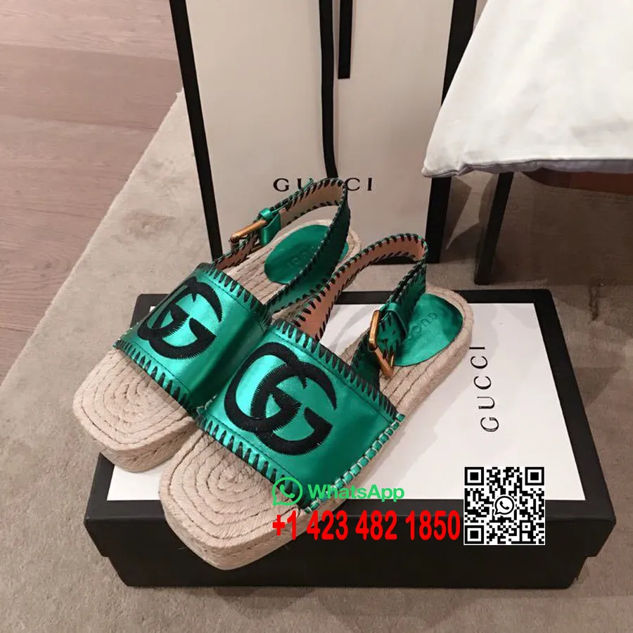 Gucci Pilar מרובע אצבע סנדלי Gg Espadrille עור עגל קולקציית אביב/קיץ 2020, ירוק מטאלי