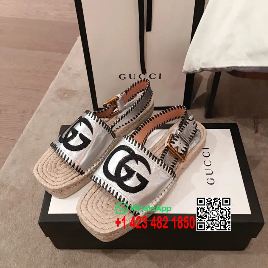 Gucci Pilar Kare Burunlu GG Espadrille Dana Derisi Sandalet İlkbahar/Yaz 2020 Koleksiyonu, Gümüş