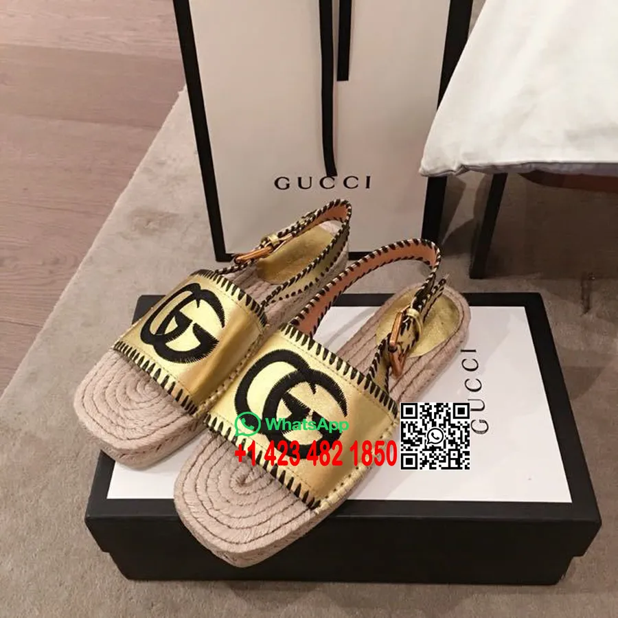 Gucci Pilar מרובע אצבע סנדלי Gg Espadrille עור עגל קולקציית אביב/קיץ 2020, זהב