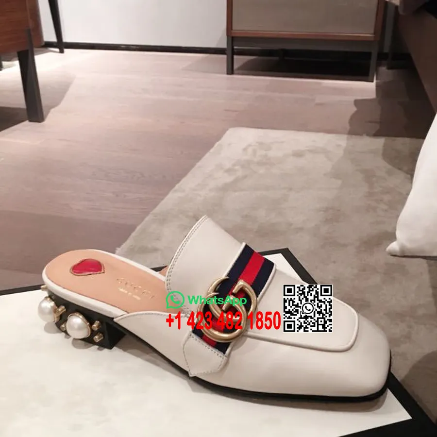 Gucci Mules Peyton Ornées De Perles En Cuir De Veau Collection Printemps/été 2020, Blanc