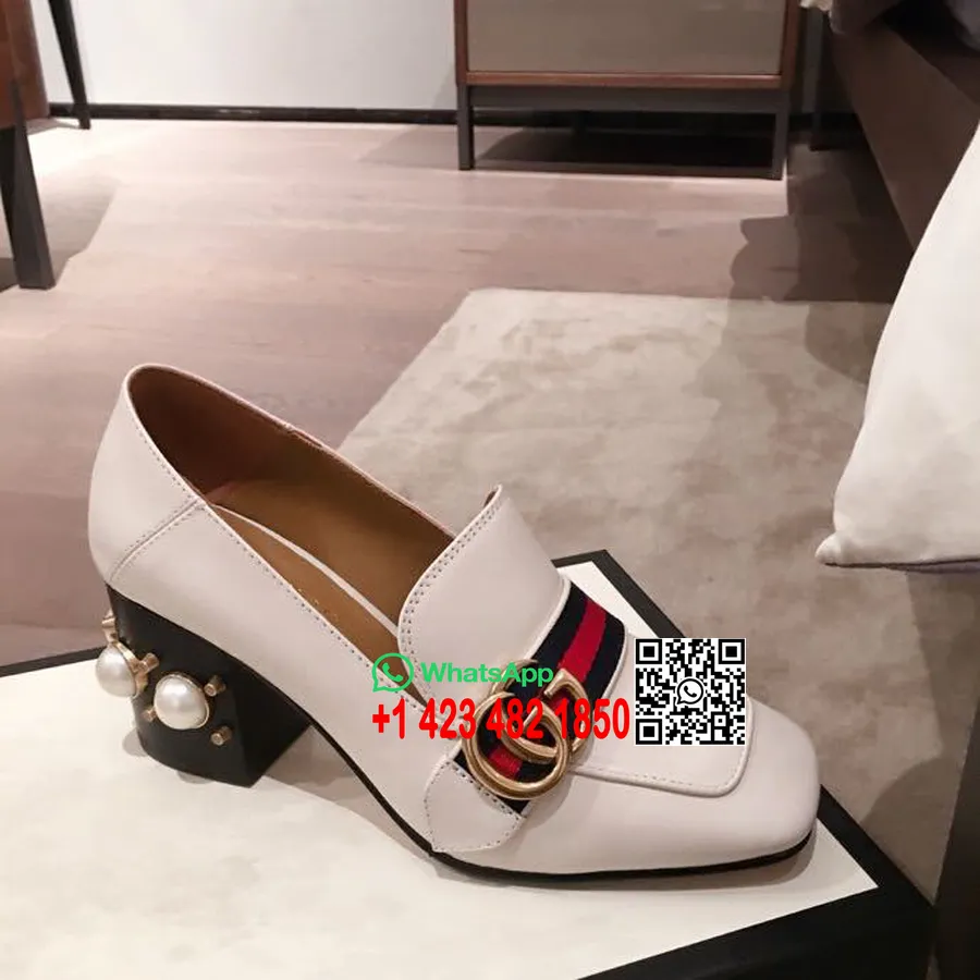 Gucci Pearl Embelished Peyton Heels Calfskin Leather Spring/Summer 2020 Collection, White